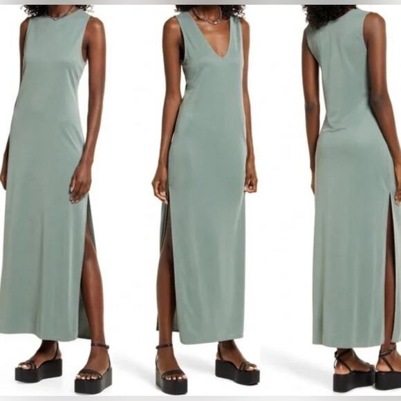 Open Edit Wear Two Ways V-Neck Sleeveless Knit Midi Dress in Green Agave Size XS - Picture 1 of 12